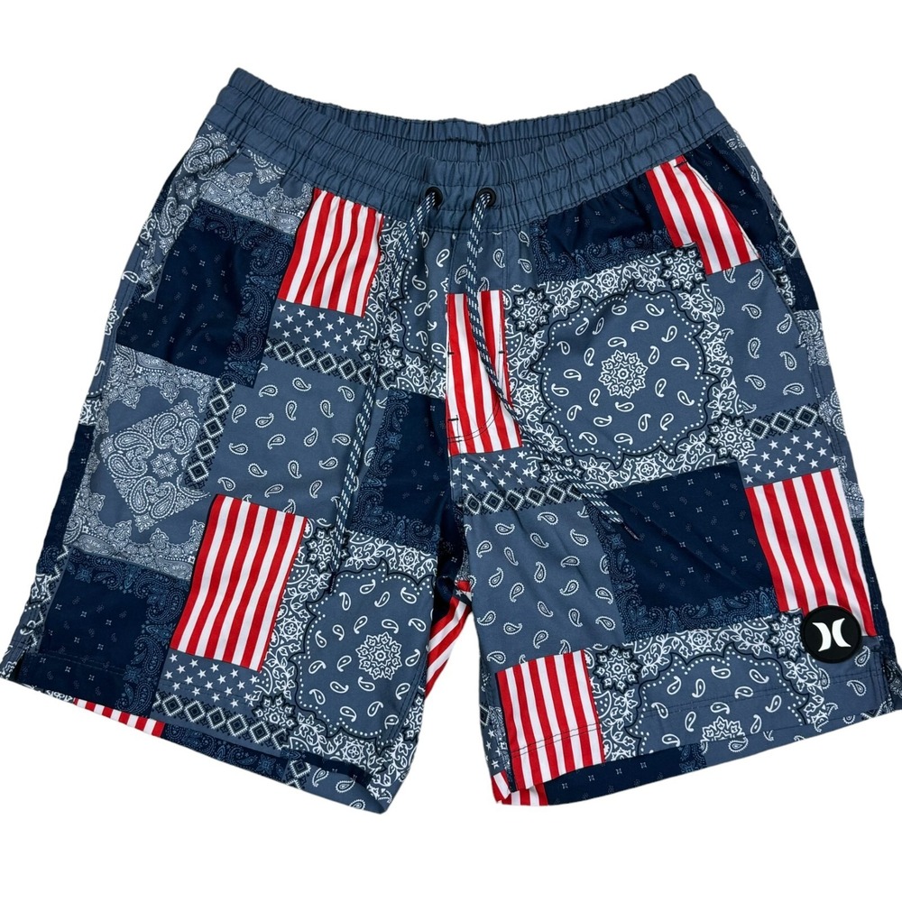 Hurley Men's USA Patchwork Print Lined Boadshorts Drawstring Shorts Sz M America